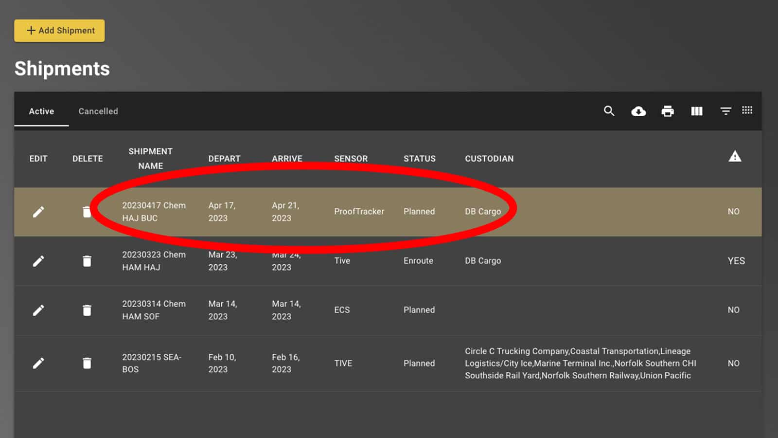 Closeup of the Transparent Path visibility platform, Shipments Page