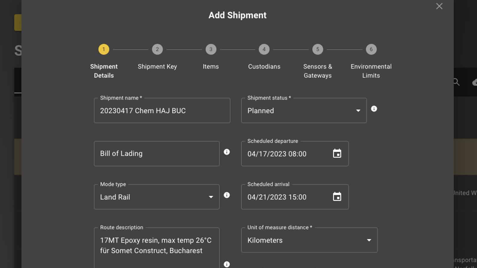 Screenshot of an initial shipment setup in the Transparent Path visibility platform